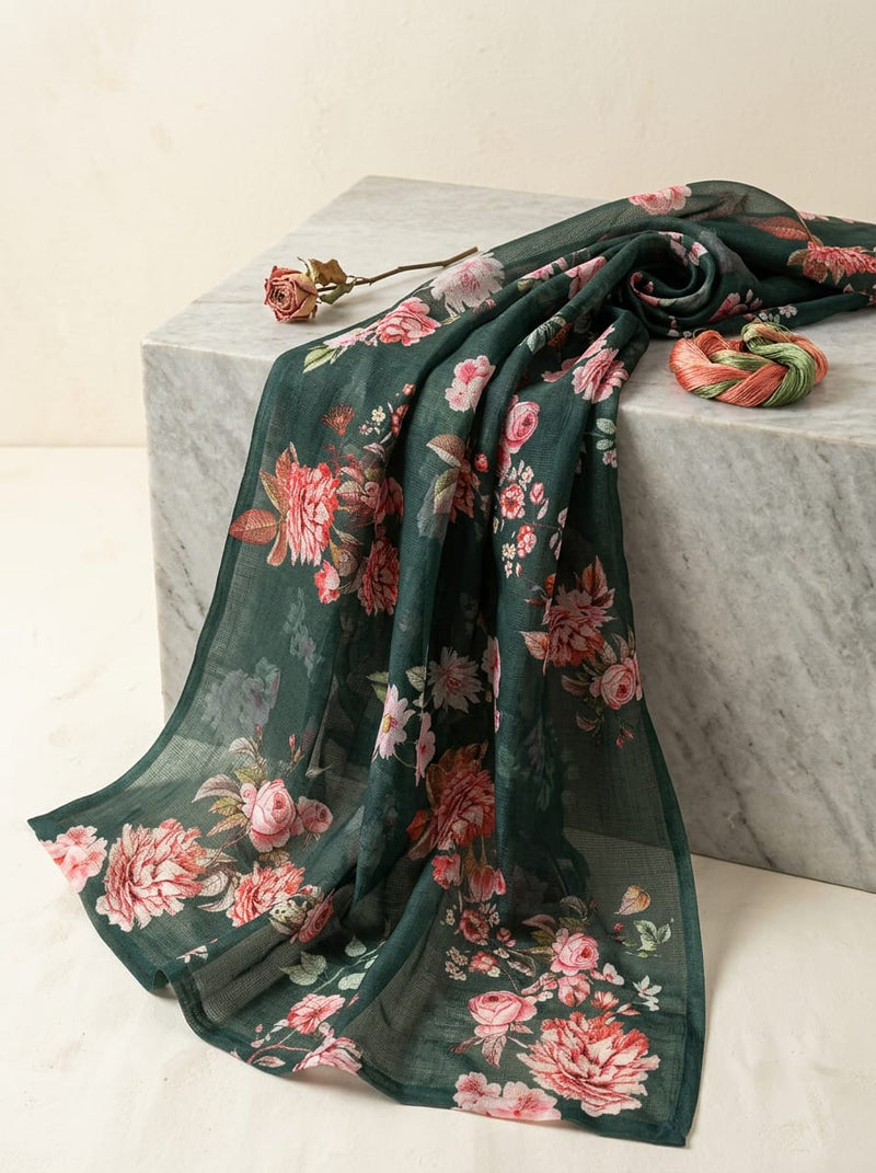 Green Vintage Painterly Rose Floral Kota Doria Digital Printed Fabric