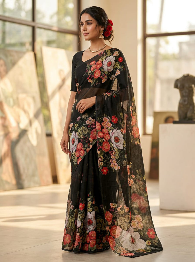 Black Painterly Floral Garden Kota Doria Digital Printed Fabric