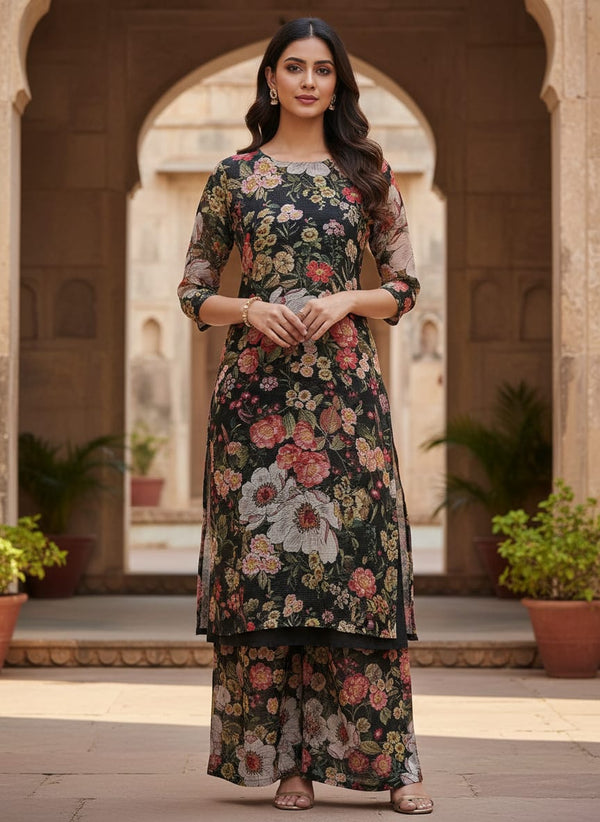 Black Painterly Floral Garden Kota Doria Digital Printed Fabric - Straight Kurta with Palazzo Lookbook - KD-0-TA060980-111 - alternate view