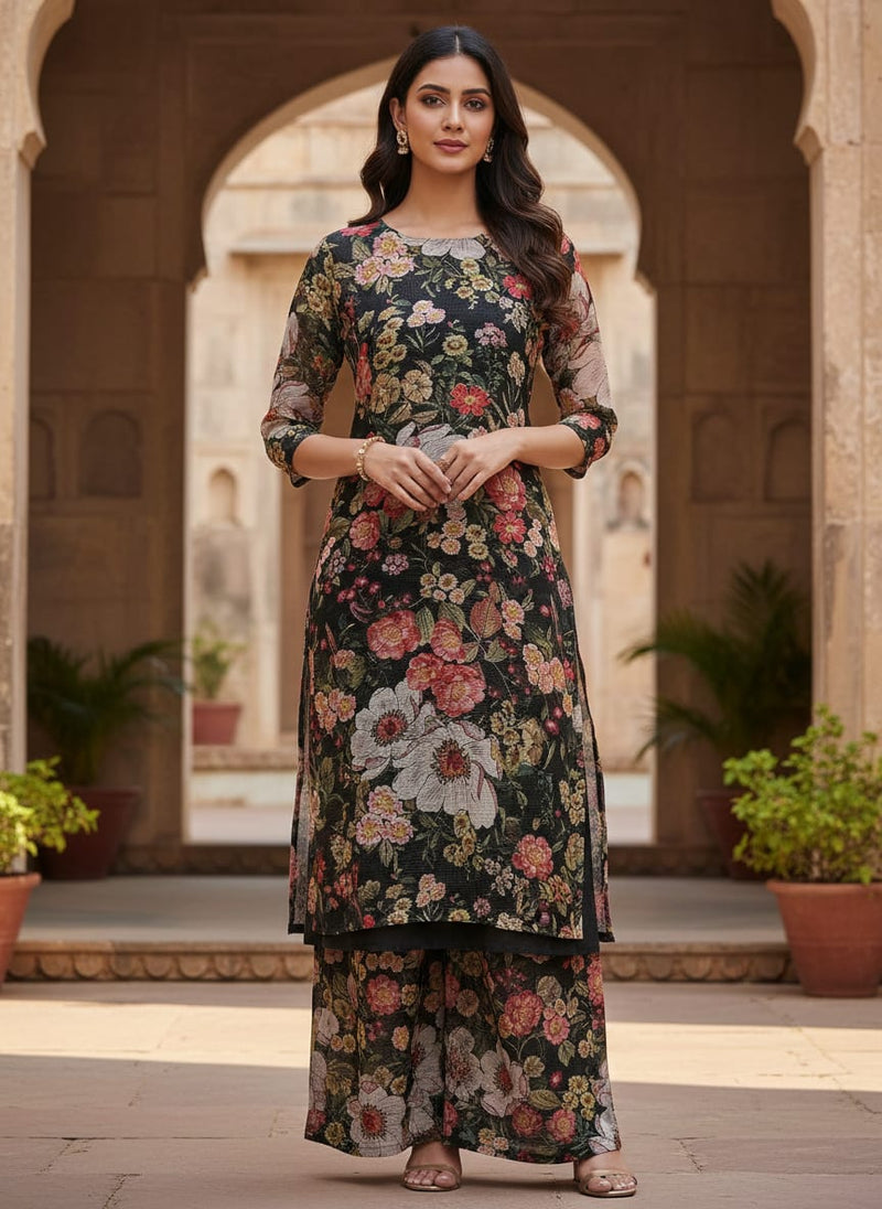 Black Painterly Floral Garden Kota Doria Digital Printed Fabric