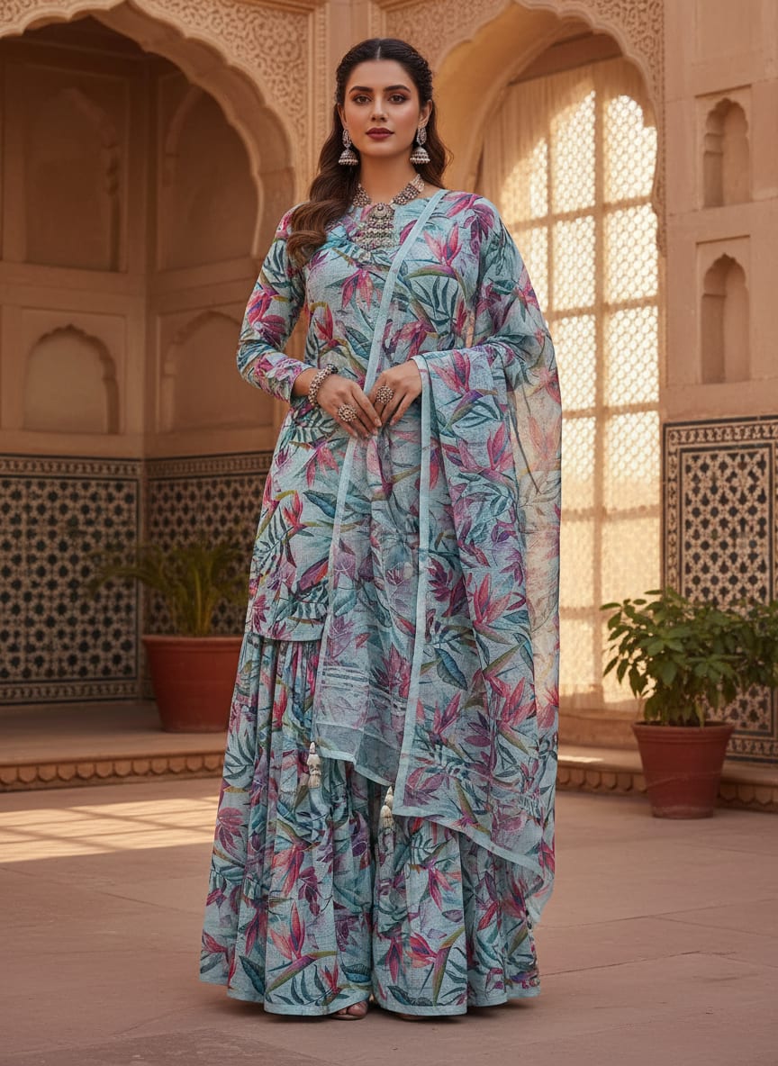 Large Leaves Digital Printed Kota Doria Fabric