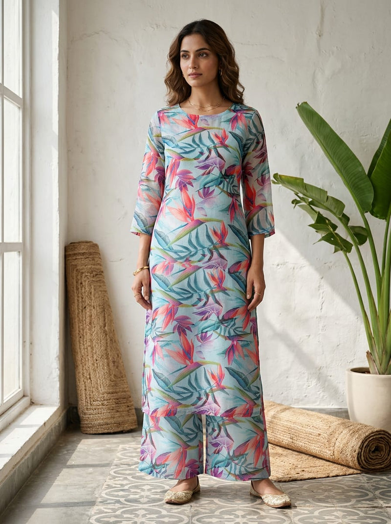Multicolor Tropical Bird of Paradise Floral Kota Doria Digital Printed Fabric