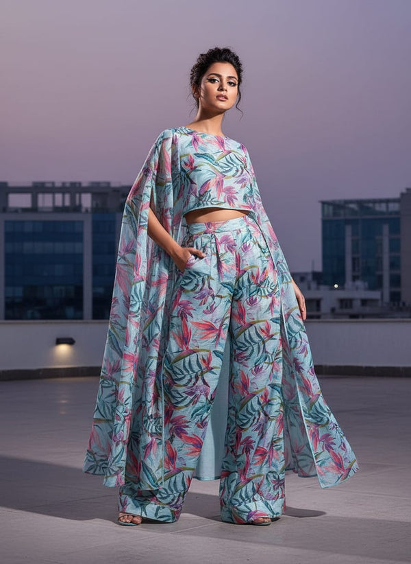 Multicolor Tropical Bird of Paradise Floral Kota Doria Digital Printed Fabric - Cape with Palazzo Lookbook - KD-0-0TA06458050BIG-111 - alternate view