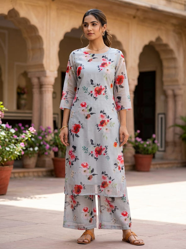 Multicolor Watercolor Floral Bouquet Kota Doria Digital Printed Fabric - Straight Kurta with Palazzo Lookbook - KD-0-TA0618360-111 - alternate view