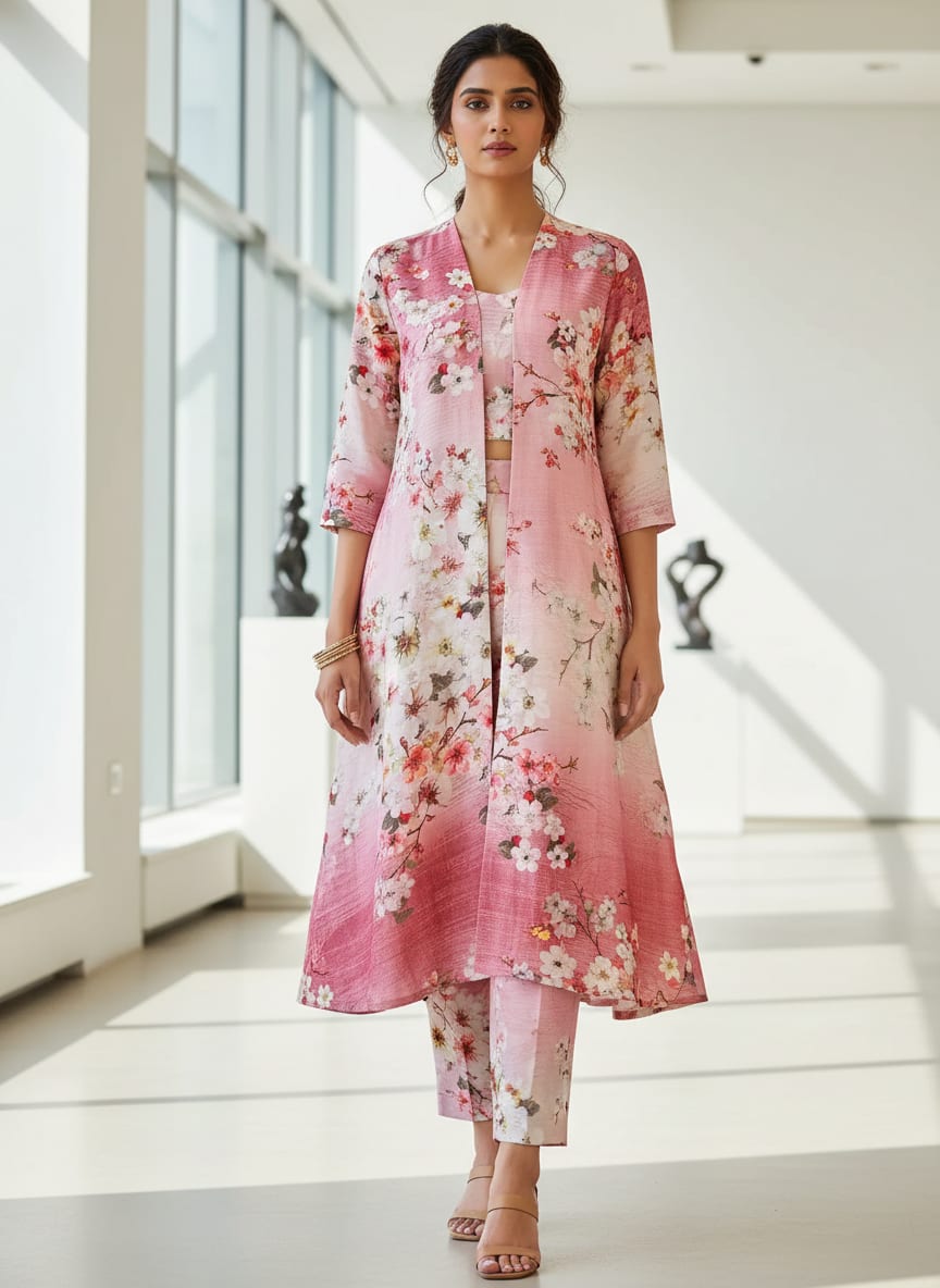 Multicolor Floral Vine Digital Printed Kora Silk Fabric