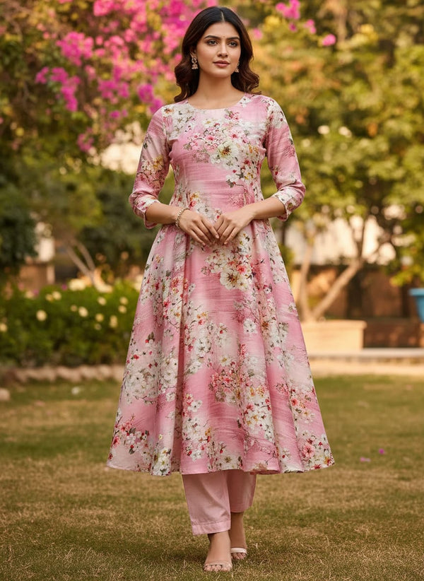 Pink Japanese Cherry Blossom Floral Kora Silk Digital Printed Fabric - A-Line Kurta with Salwar Lookbook - KS-0-0TA064823-111 - alternate view