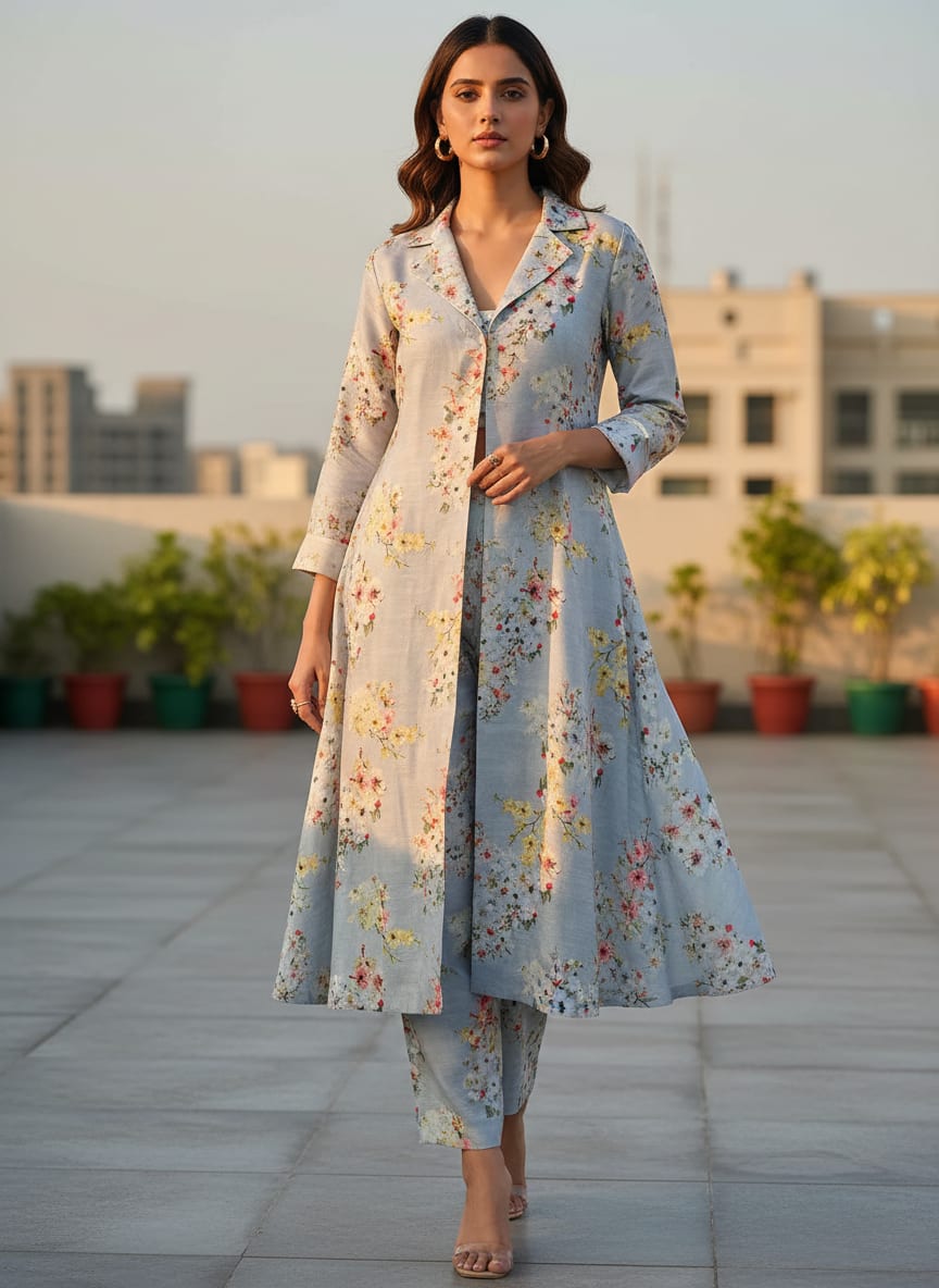 Beautiful Floral Vine Digital Printed Kora Silk Fabric