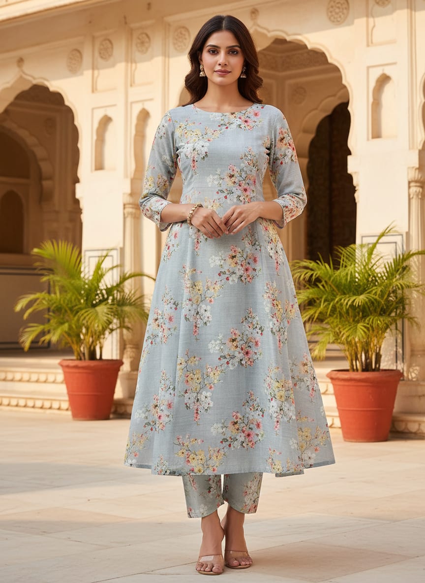 Beautiful Floral Vine Digital Printed Kora Silk Fabric