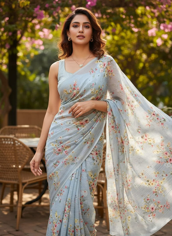 Beautiful Floral Vine Digital Printed Kora Silk Fabric - Saree Lookbook - KS-0-0TA064822-111 - alternate view