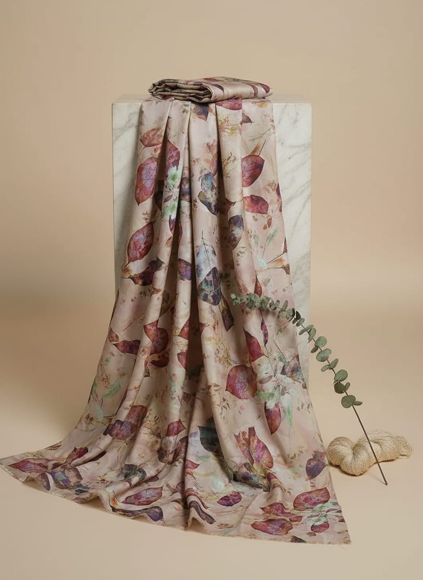 Multicolor Abstract Botanical Leaves Kora Silk Digital Printed Fabric