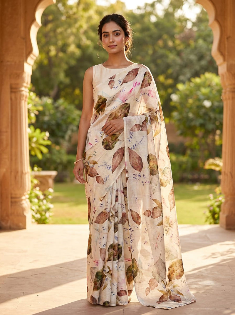 Multicolor Abstract Botanical Leaf Print Kora Silk Digital Printed Fabric