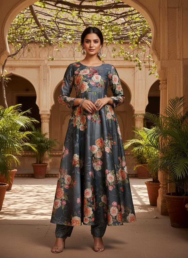 Grey Painterly Rose and Dahlia Kora Silk Digital Printed Fabric