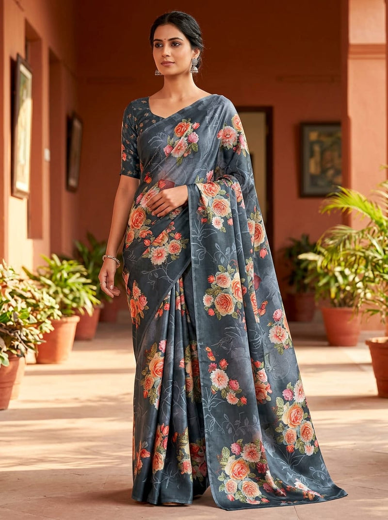 Grey Painterly Rose and Dahlia Kora Silk Digital Printed Fabric