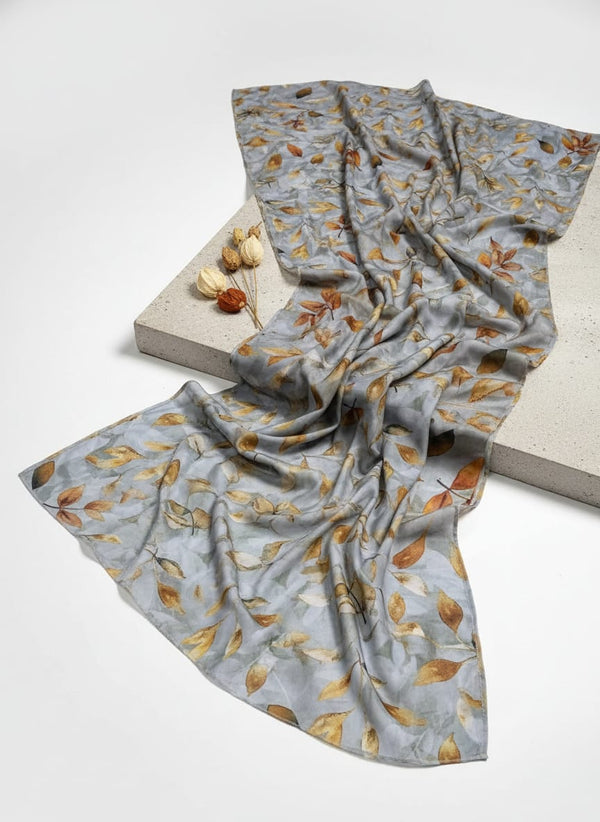 Grey & Golden Leaves Digital Printed Kora Silk Fabric - Fabric Editorial Studio Flatlay Lookbook - KS-0-0TA061821-111