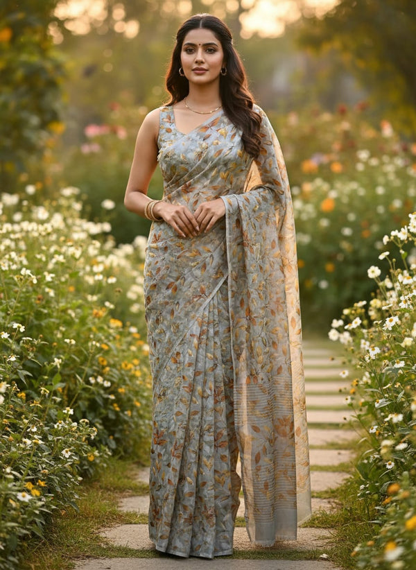 Grey Watercolor Autumnal Leaves Kora Silk Digital Printed Fabric - Saree Lookbook - KS-0-0TA061821-111 - alternate view