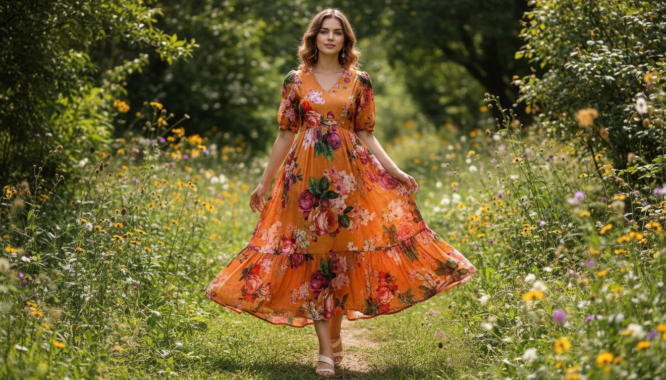 Orange Vibrant Botanical Floral Kora Silk Digital Printed Fabric