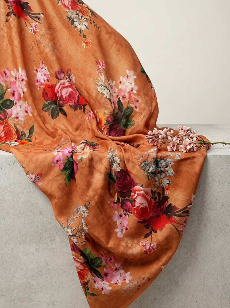 Orange Vibrant Botanical Floral Kora Silk Digital Printed Fabric