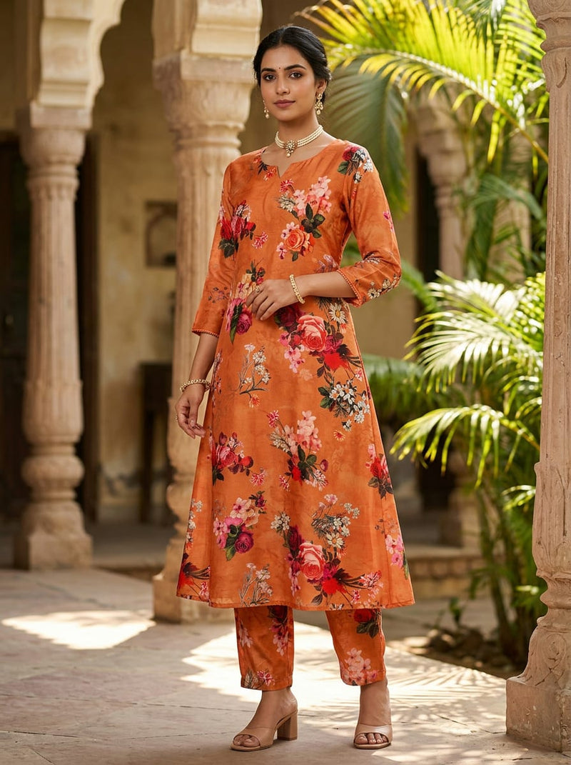 Orange Vibrant Botanical Floral Kora Silk Digital Printed Fabric