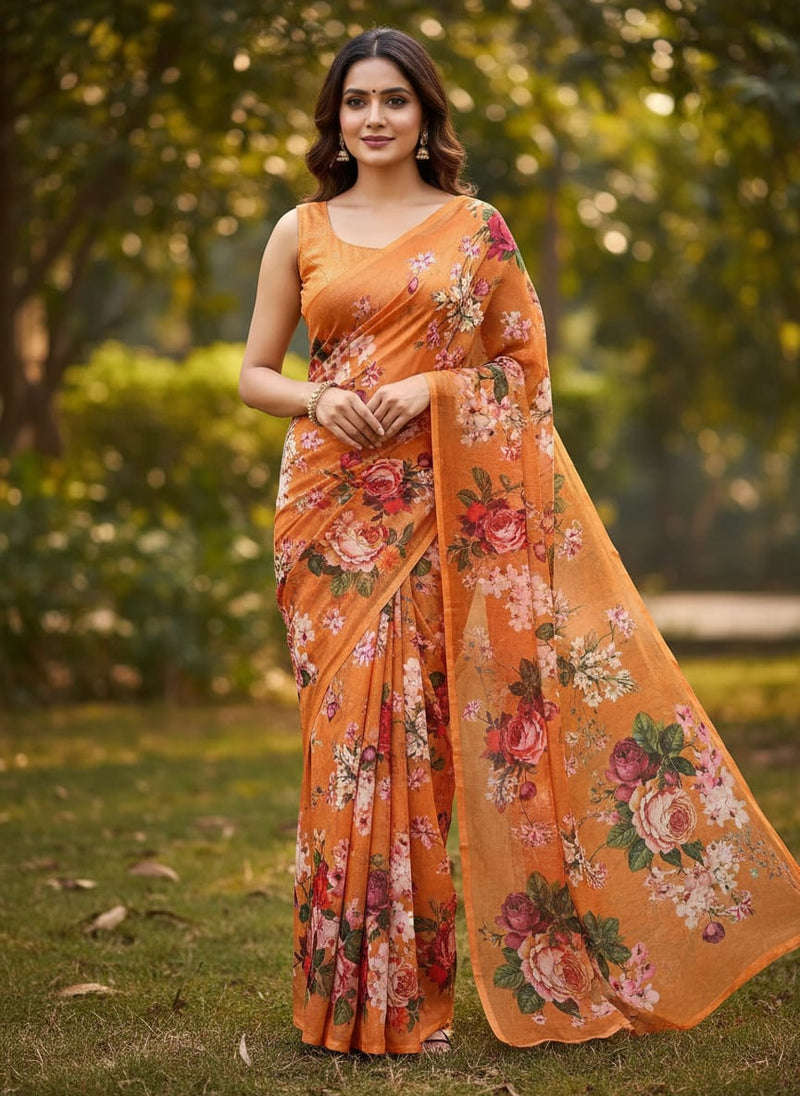 Orange Vibrant Botanical Floral Kora Silk Digital Printed Fabric