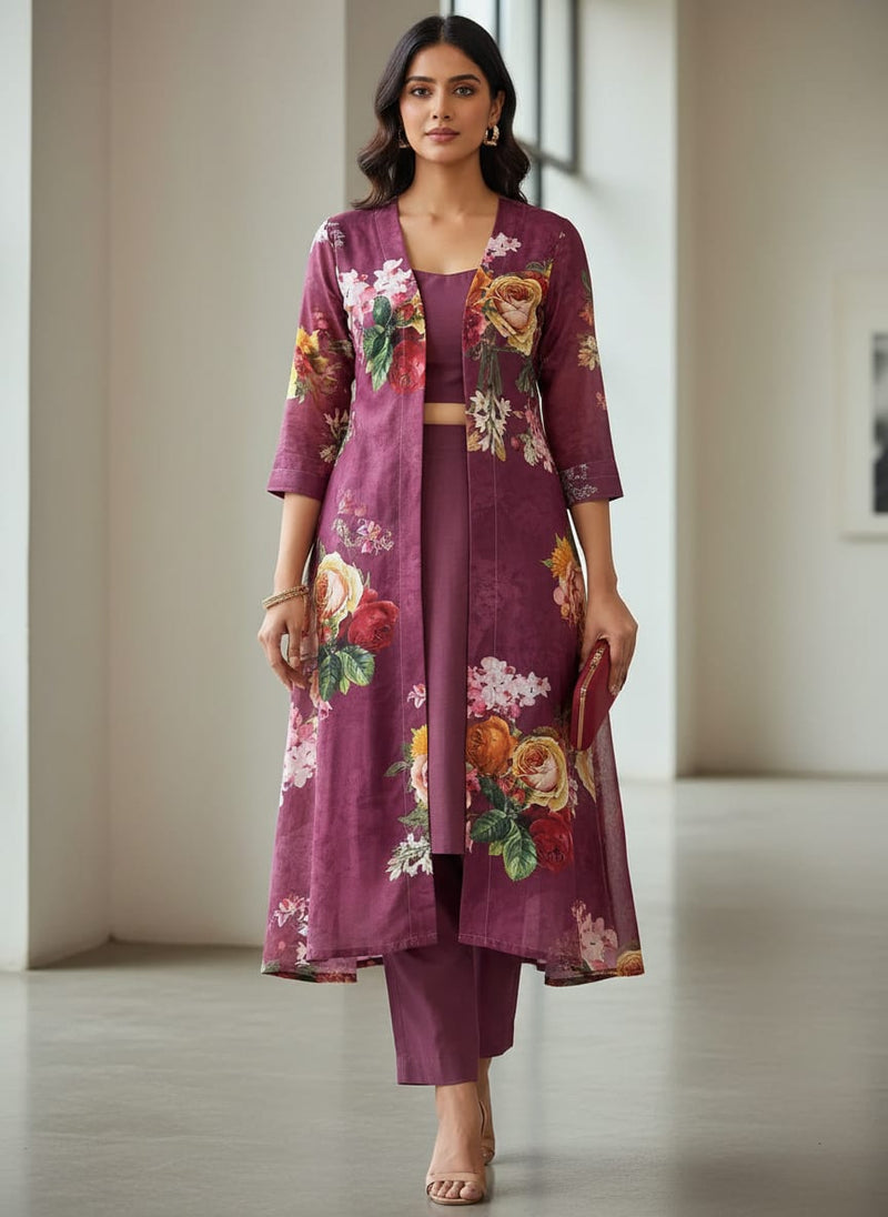 Maroon Classic Rose and Orchid Floral Kora Silk Digital Printed Fabric
