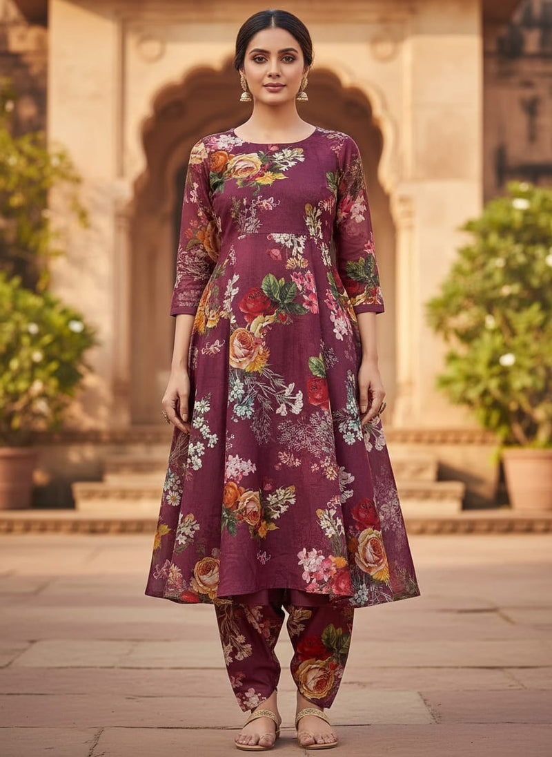 Maroon Classic Rose and Orchid Floral Kora Silk Digital Printed Fabric
