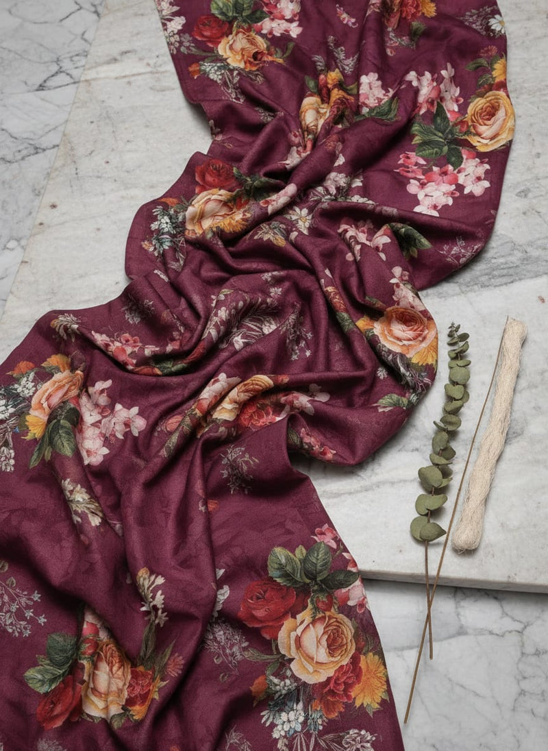 Maroon Classic Rose and Orchid Floral Kora Silk Digital Printed Fabric