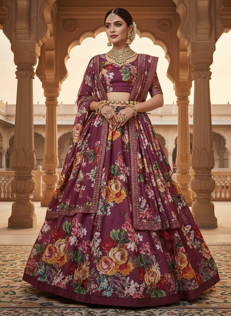 Maroon Classic Rose and Orchid Floral Kora Silk Digital Printed Fabric