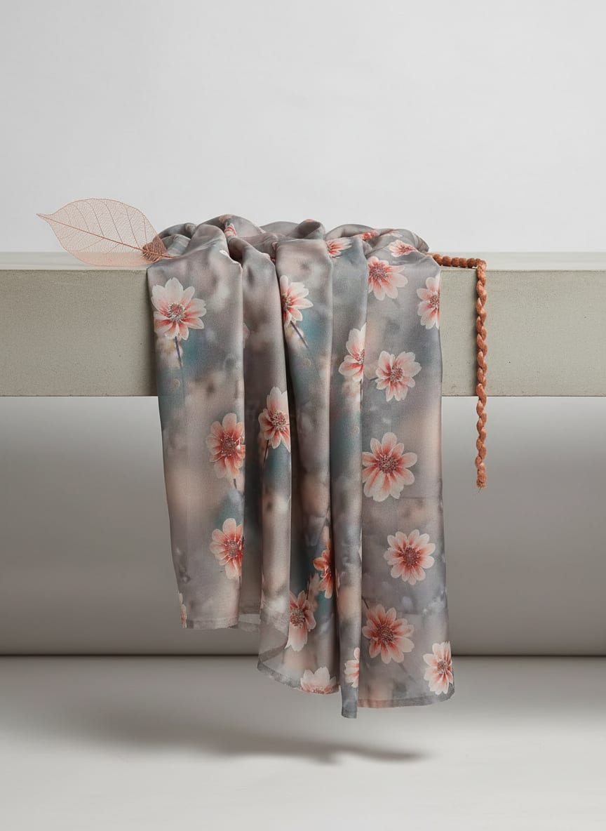 Grey Misty Cosmos Floral Kora Silk Digital Printed Fabric