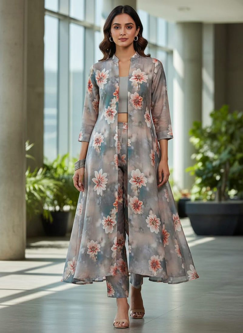 Grey Misty Cosmos Floral Kora Silk Digital Printed Fabric