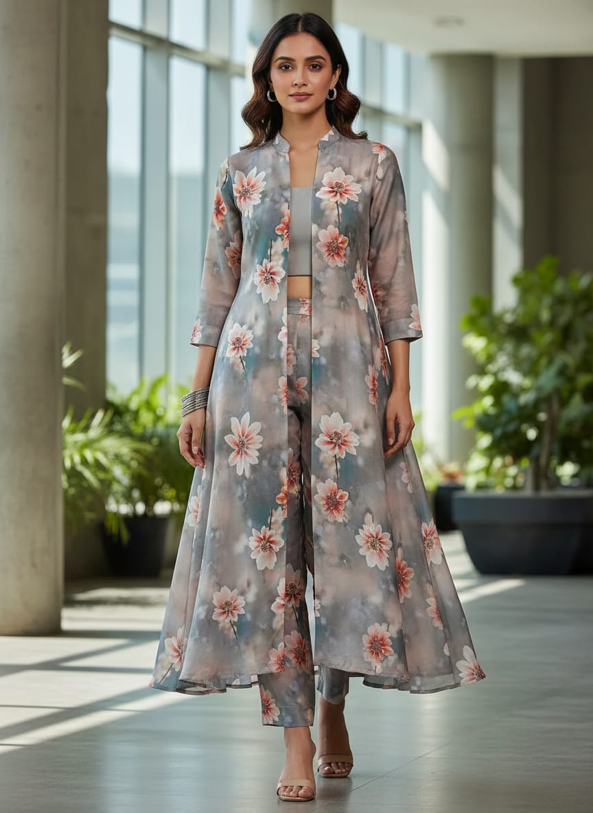 Grey Misty Cosmos Floral Kora Silk Digital Printed Fabric