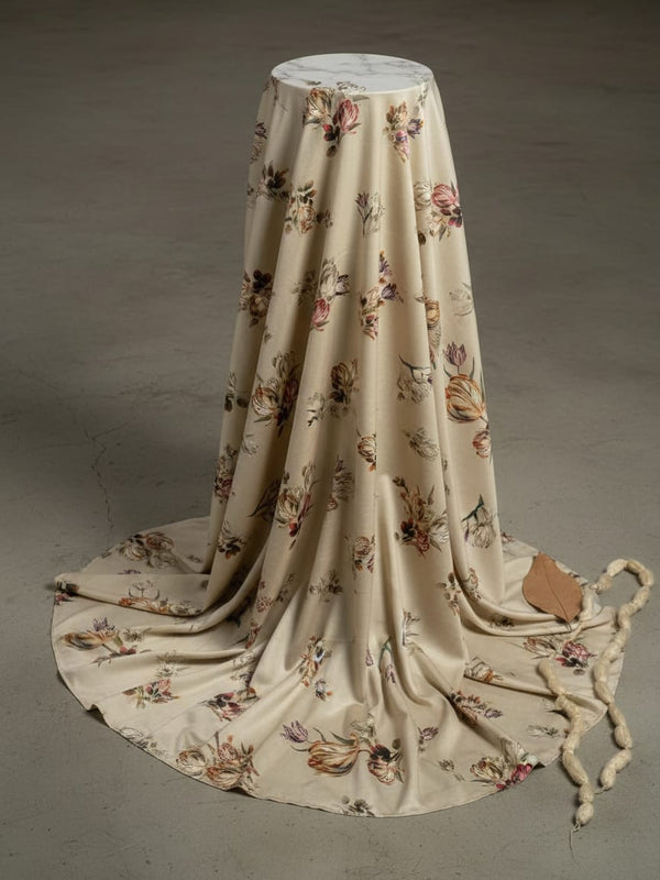 Cream Vintage Painterly Tulip Kora Silk Digital Printed Fabric
