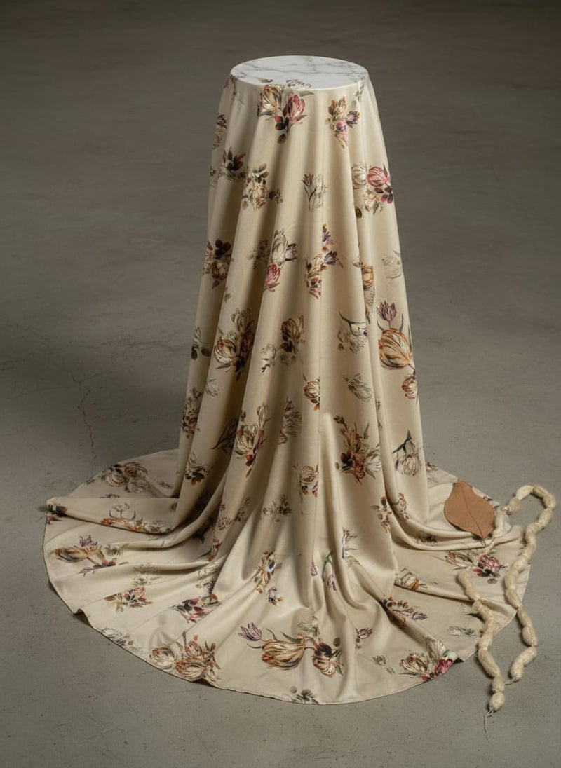 Cream Vintage Painterly Tulip Kora Silk Digital Printed Fabric