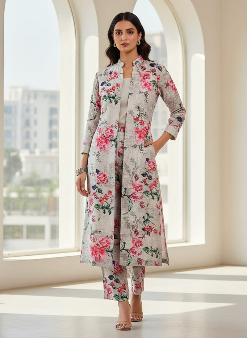 Grey Painterly Rose Bouquets Kora Silk Digital Printed Fabric