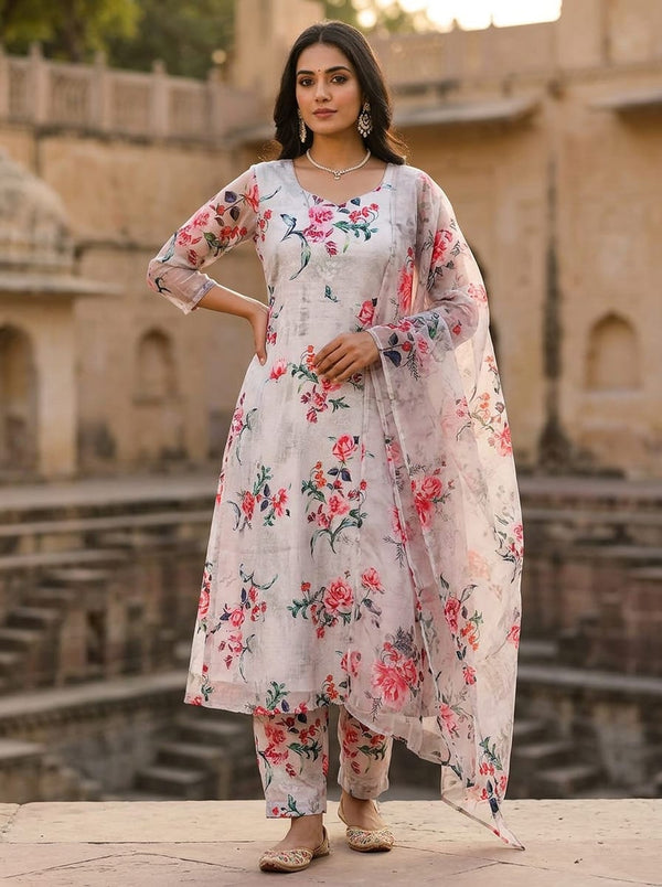 Grey Painterly Rose Bouquets Kora Silk Digital Printed Fabric - A-Line Kurta with Salwar Lookbook - KS-0-TA059450-111 - alternate view
