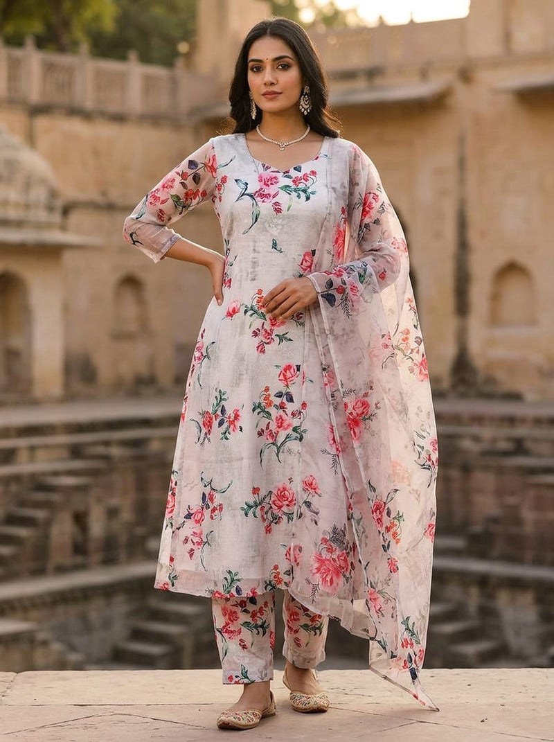 Grey Painterly Rose Bouquets Kora Silk Digital Printed Fabric