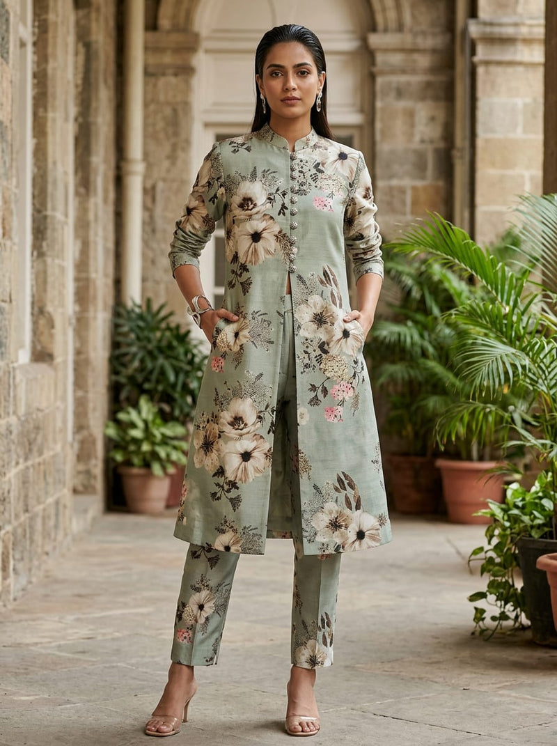 Grey Muted Botanical Floral Kora Silk Digital Printed Fabric
