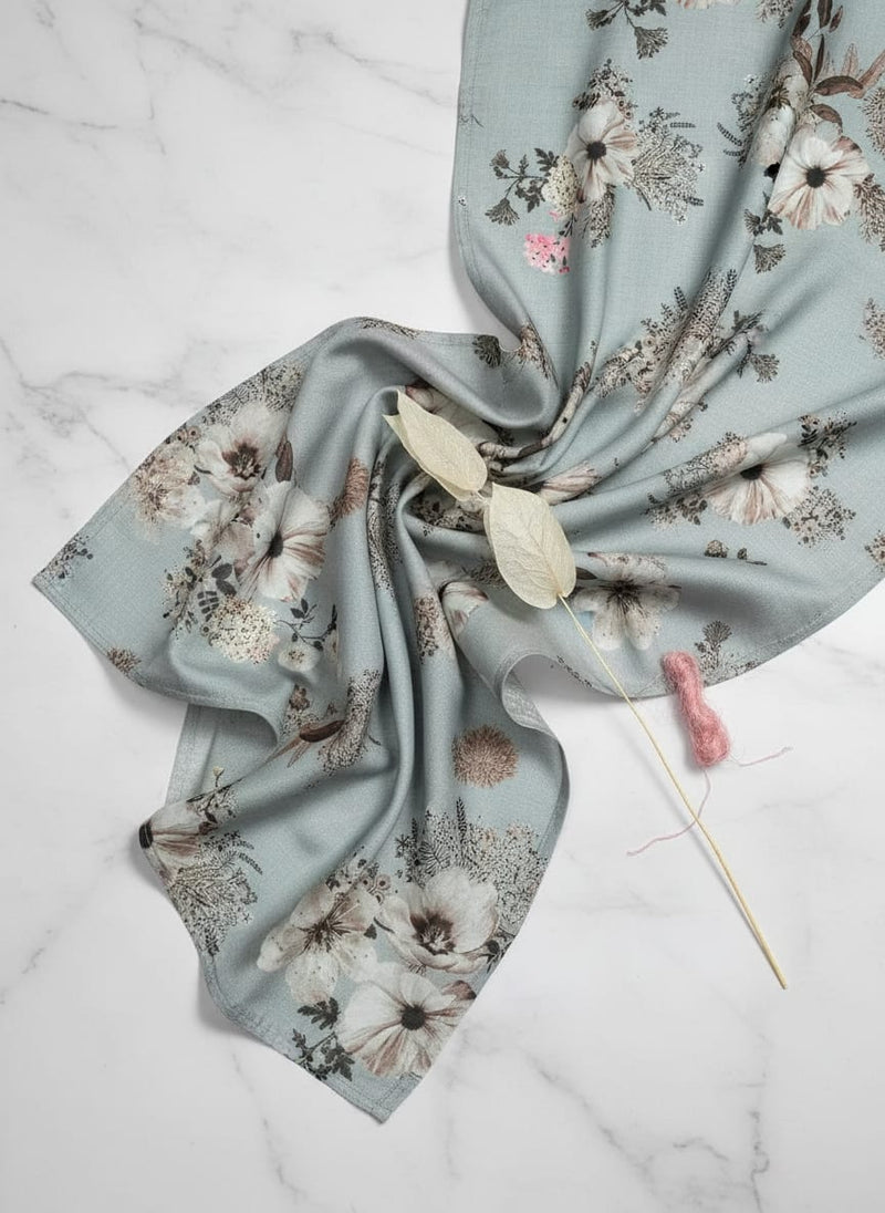 Grey Muted Botanical Floral Kora Silk Digital Printed Fabric