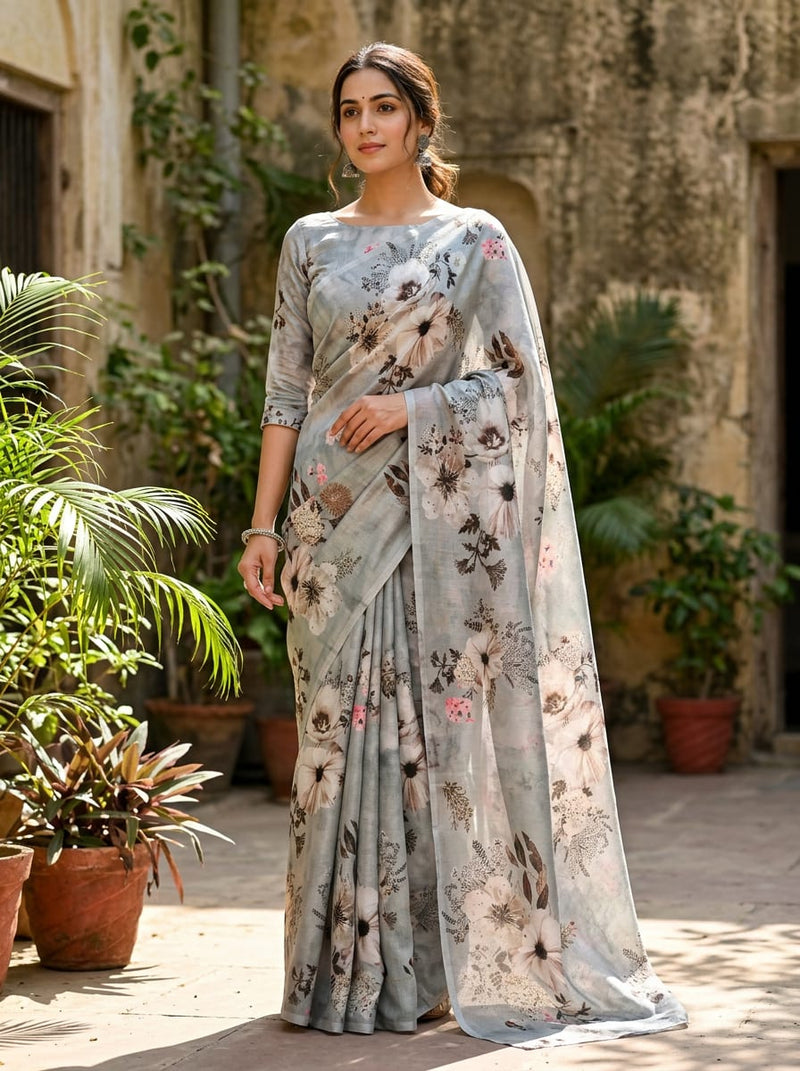 Grey Muted Botanical Floral Kora Silk Digital Printed Fabric
