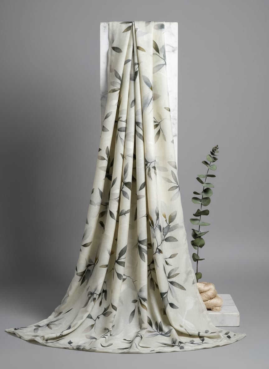 Cream Watercolor Botanical Leaf Print Kora Silk Digital Printed Fabric