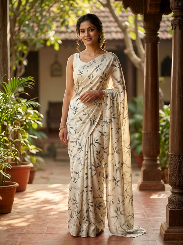 Cream Watercolor Botanical Leaf Print Kora Silk Digital Printed Fabric - Saree Lookbook - KS-0-0TA05192-111 - alternate view