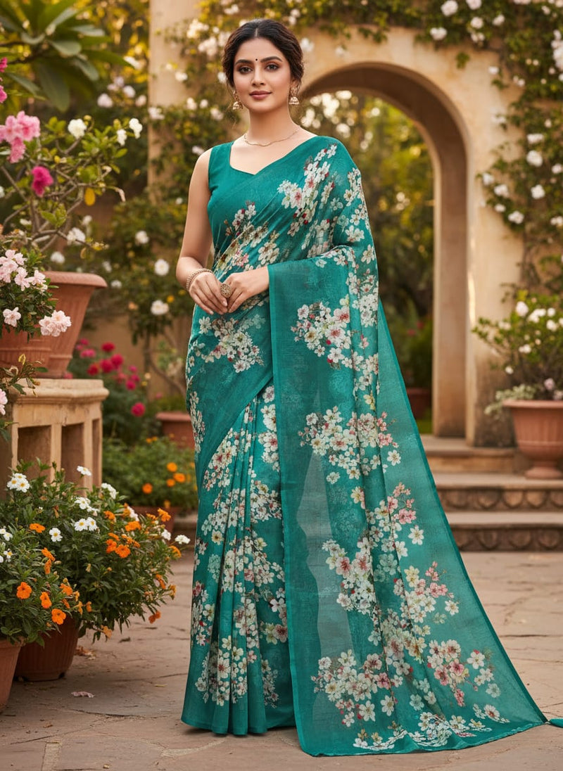 Teal Cherry Blossom Floral Kora Silk Digital Printed Fabric