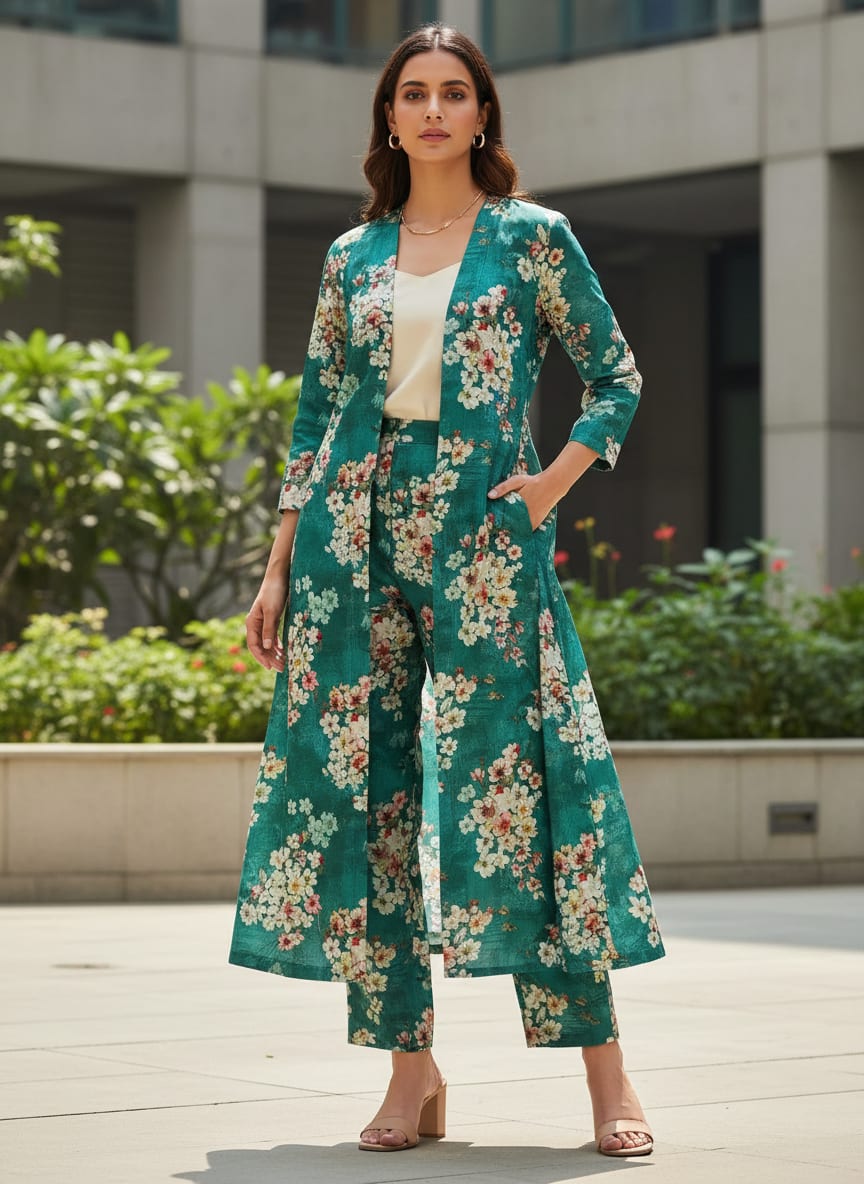 Teal Cherry Blossom Floral Kora Silk Digital Printed Fabric