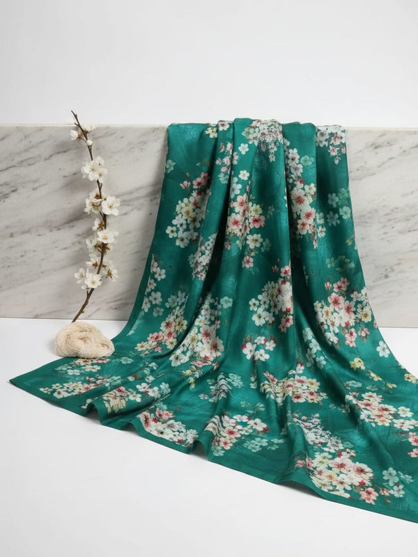 Teal Cherry Blossom Floral Kora Silk Digital Printed Fabric
