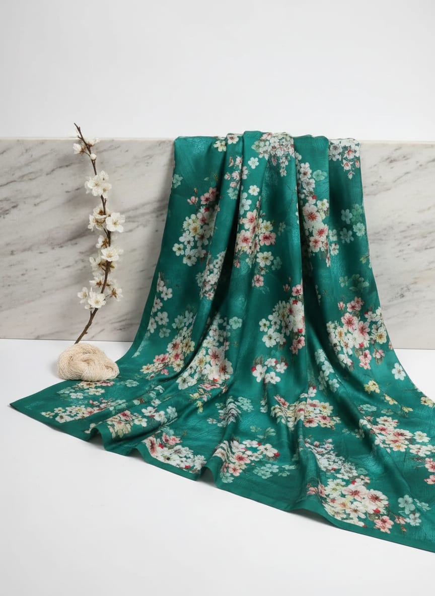 Teal Cherry Blossom Floral Kora Silk Digital Printed Fabric