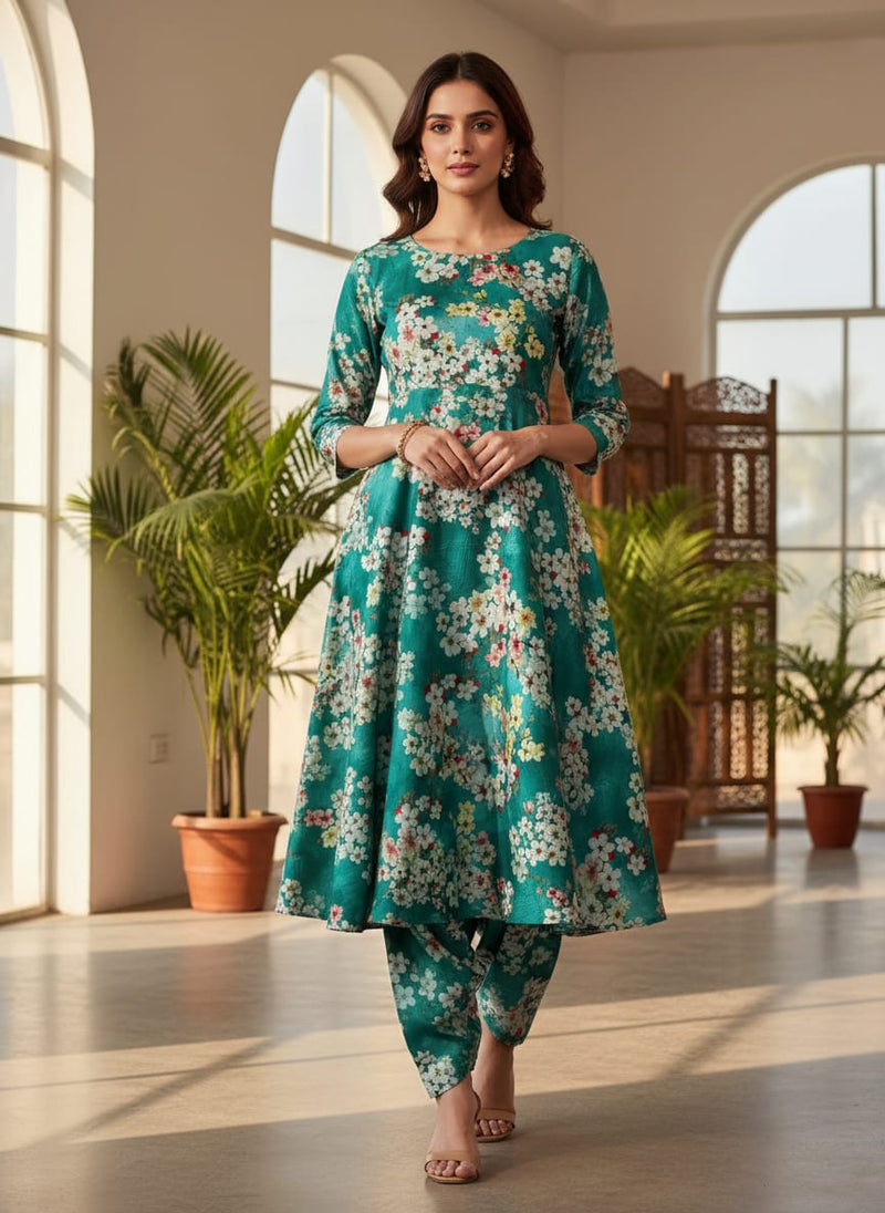 Teal Cherry Blossom Floral Kora Silk Digital Printed Fabric