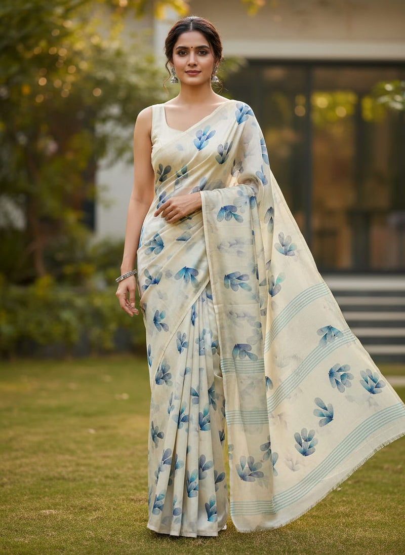 Cream Abstract Watercolour Petal Motifs Kora Silk Digital Printed Fabric
