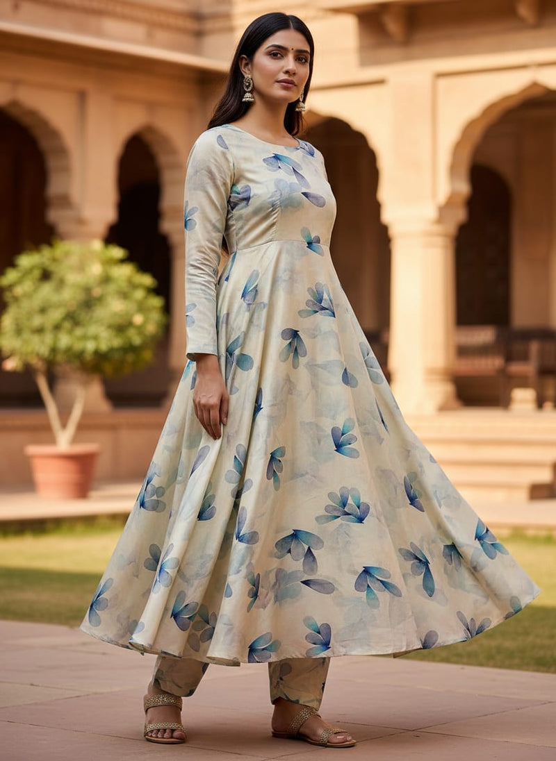 Cream Abstract Watercolour Petal Motifs Kora Silk Digital Printed Fabric