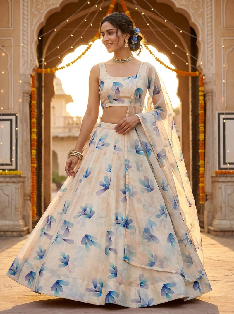 Cream Abstract Watercolour Petal Motifs Kora Silk Digital Printed Fabric