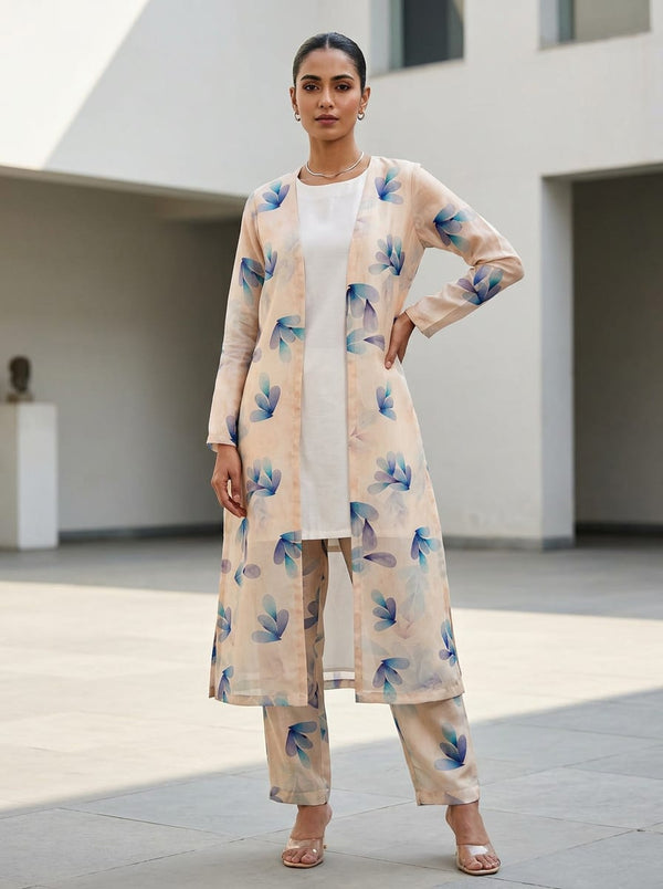 Cream Abstract Watercolour Petal Motifs Kora Silk Digital Printed Fabric - Jacket Kurta with Straight Pants Lookbook - KS-0-TA06258-BLUE-111 - alternate view