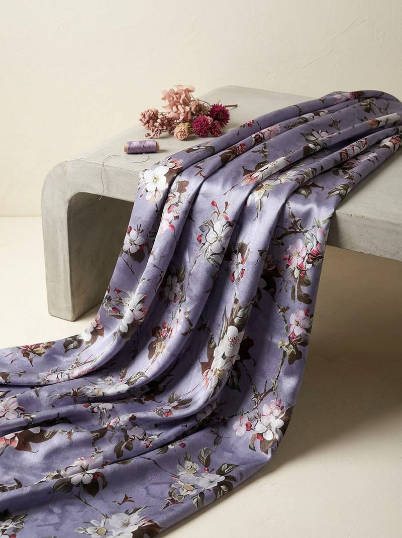 Blue Painterly Apple Blossom Japan Satin Digital Printed Fabric